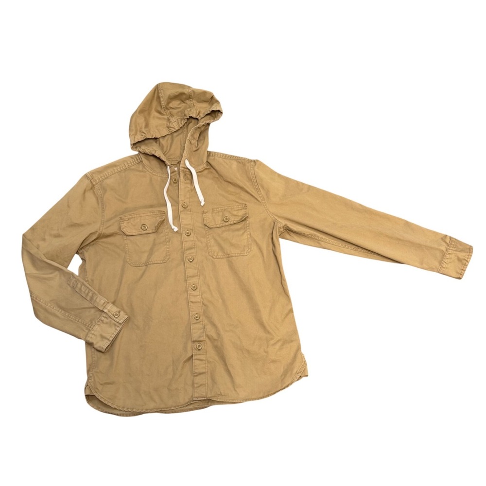 American Eagle Mens Large Beige Khaki 100% Cotton Hooded Button Jacket Shacket